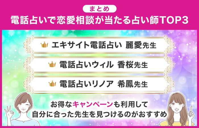 まとめ：電話占いで恋愛相談が当たる占い師TOP3