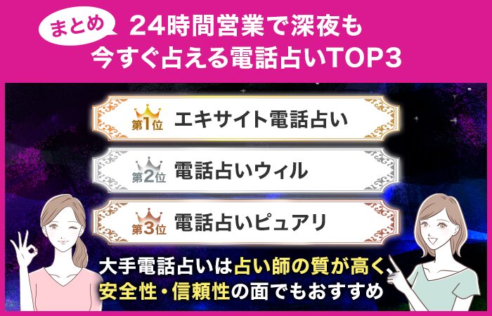 まとめ：24時間営業で深夜も今すぐ占える電話占いTOP3